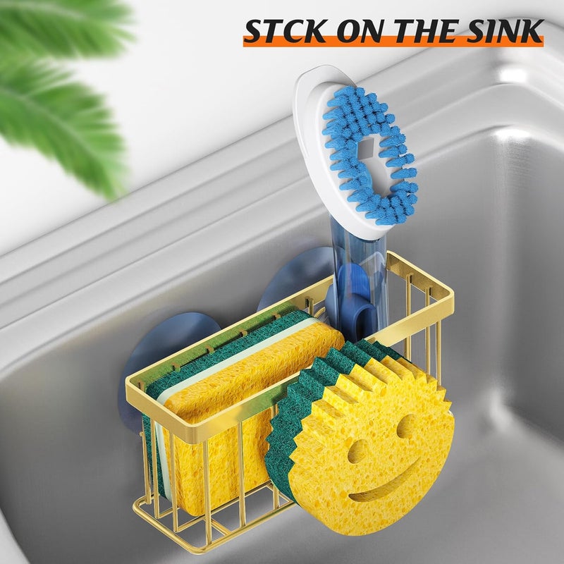 MURLONG Sponge Holder Smiley Face, Sink Caddy for kitchen Sink, Kitchen Organizer Sponge Holder with 2 PCS Suction Cups/1 PCS Adhesive Strips, Designed for Sponge, Soap, Dish brush, Scrubber-Gold - Image 5